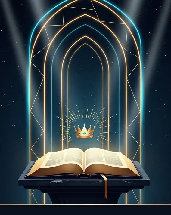 Kingdom Quiz artwork with an illuminated book and crown inside a celestial arch