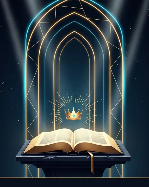 Kingdom Quiz artwork with an illuminated book and crown inside a celestial arch