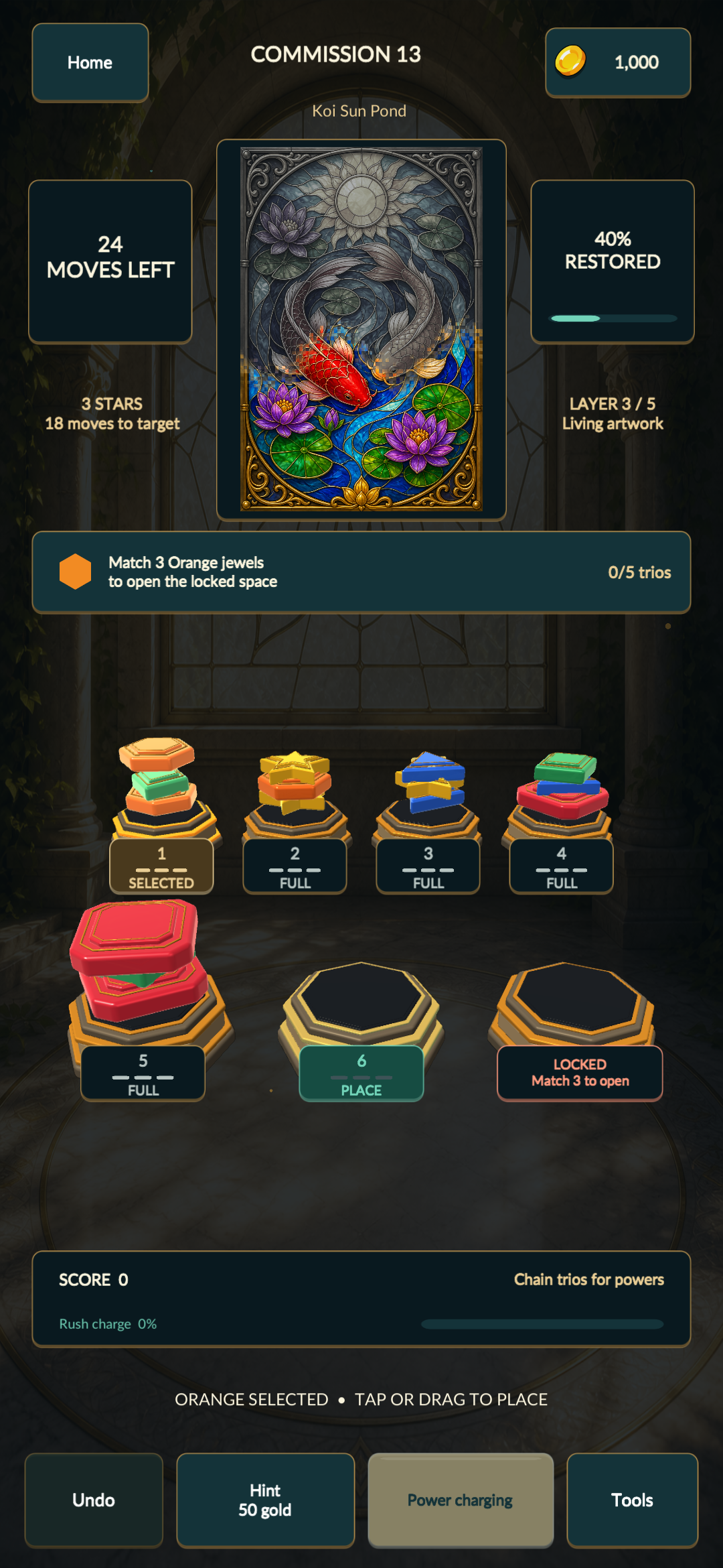 Mosaic Mint development screenshot showing jewel-token stacks and a partially restored stained-glass koi artwork