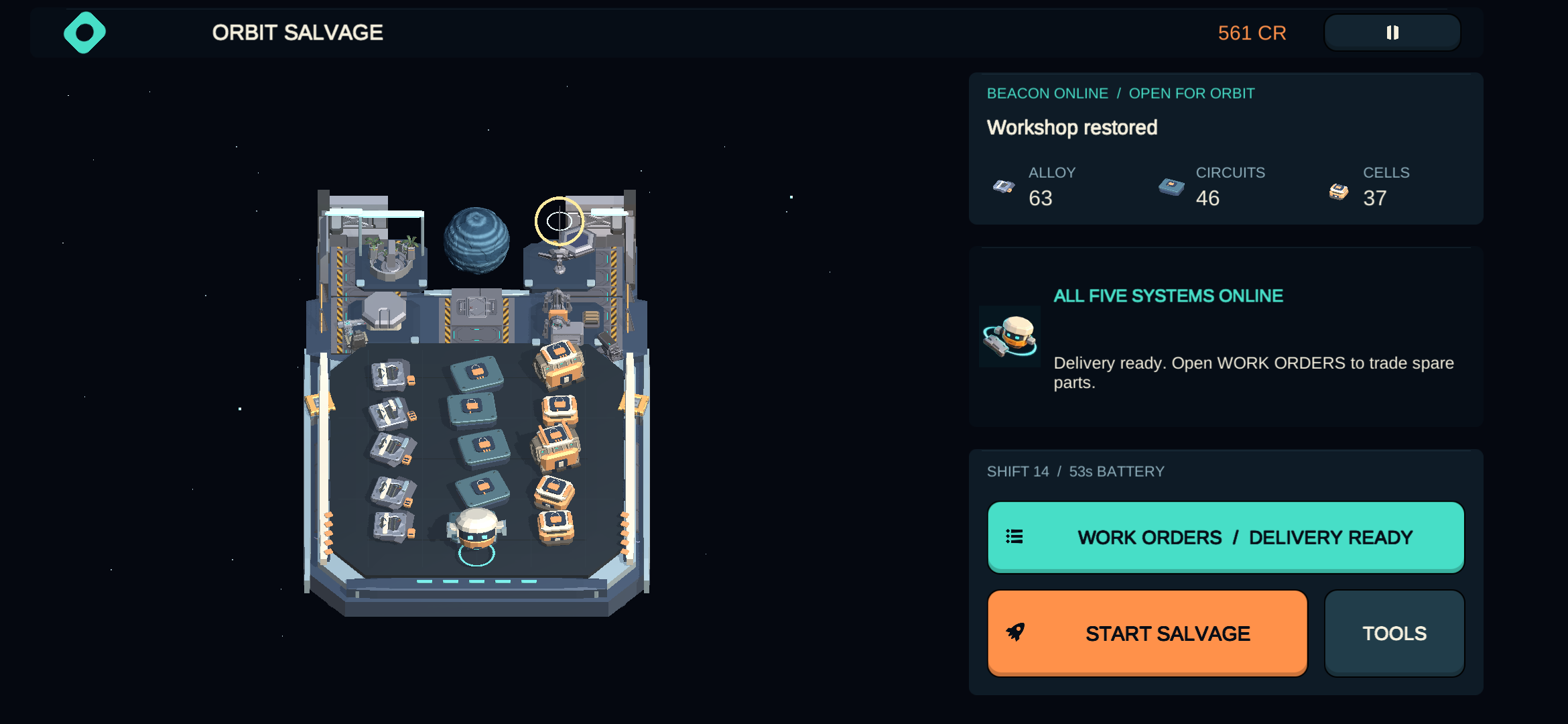 Orbit Salvage in landscape, with the restored station on the left and work orders, salvage and tool controls on the right