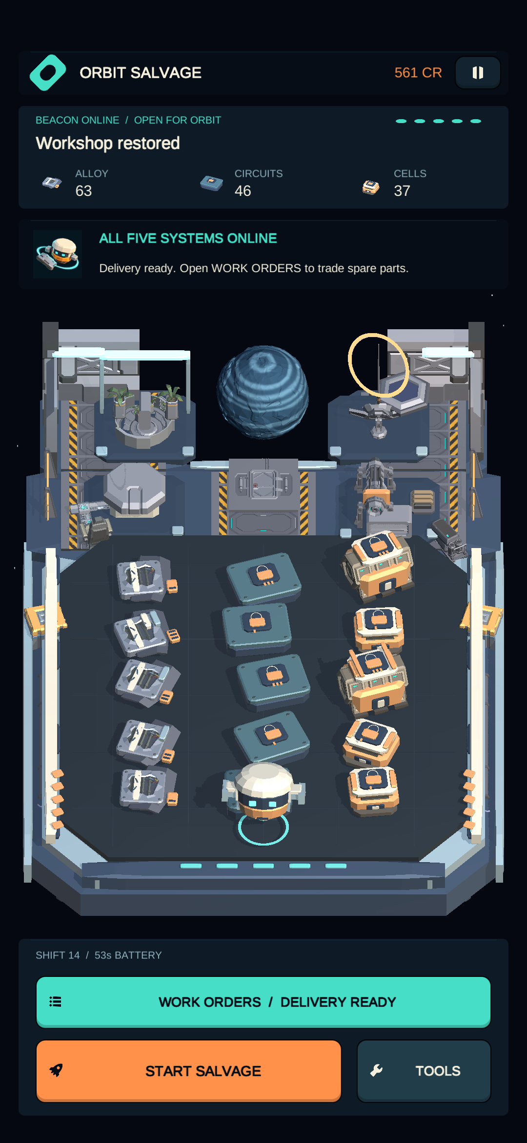 The same restored station in portrait, with work orders and salvage controls below the workshop