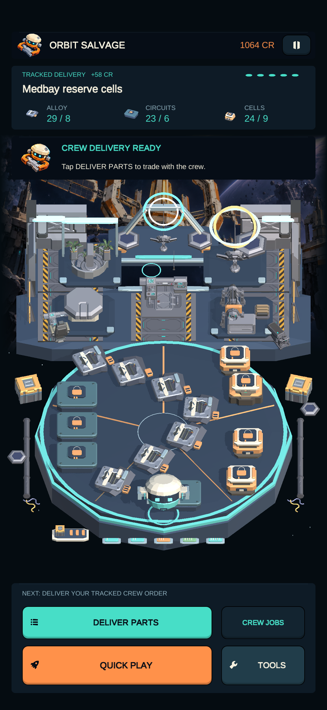Pip welcomes you back to the workshop. Actual Orbit Salvage 1.4.6 interface.