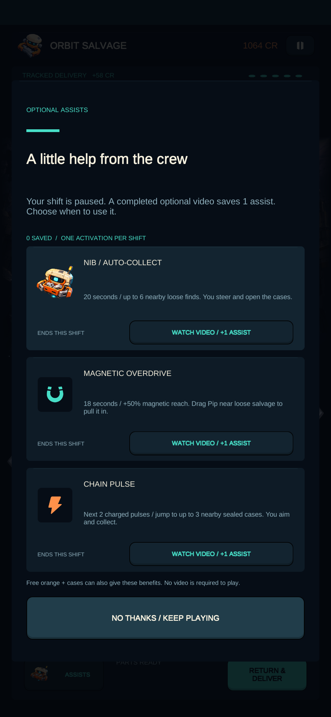Meet NIB and choose optional help from the crew. Actual Orbit Salvage 1.4.6 interface.