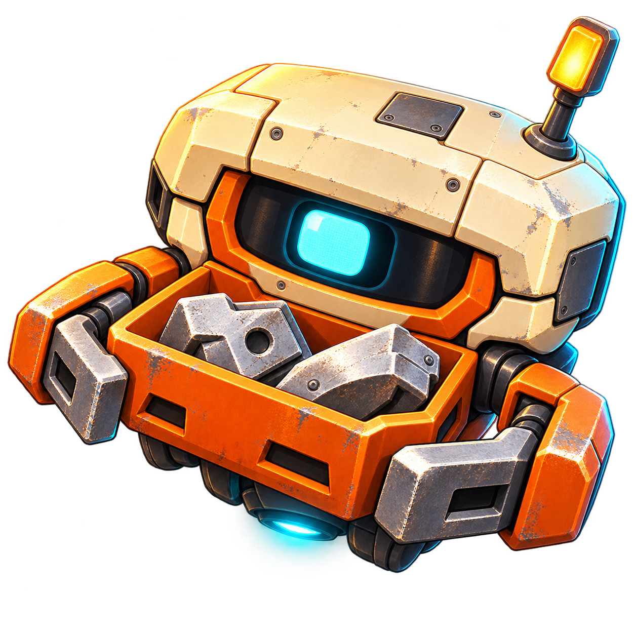 NIB, a compact orange helper robot with a single cyan optic, antenna and scrap tray