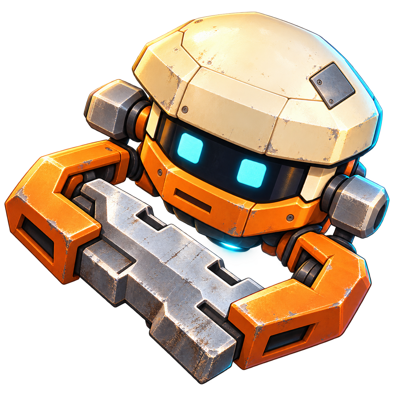 Pip, an orange salvage robot with bright cyan eyes, a cream helmet and wide collecting clamps