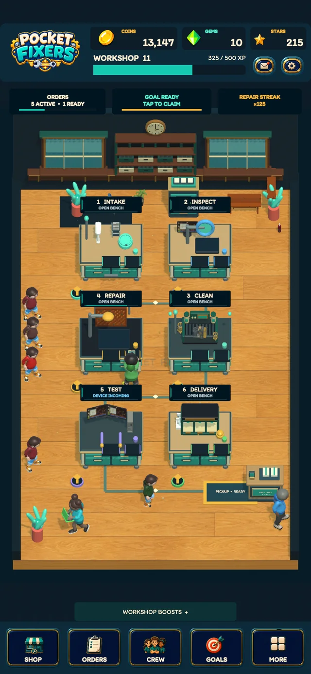 Pocket Fixers Android development build 0.6.30 showing the 3D workshop, repair stations and crew