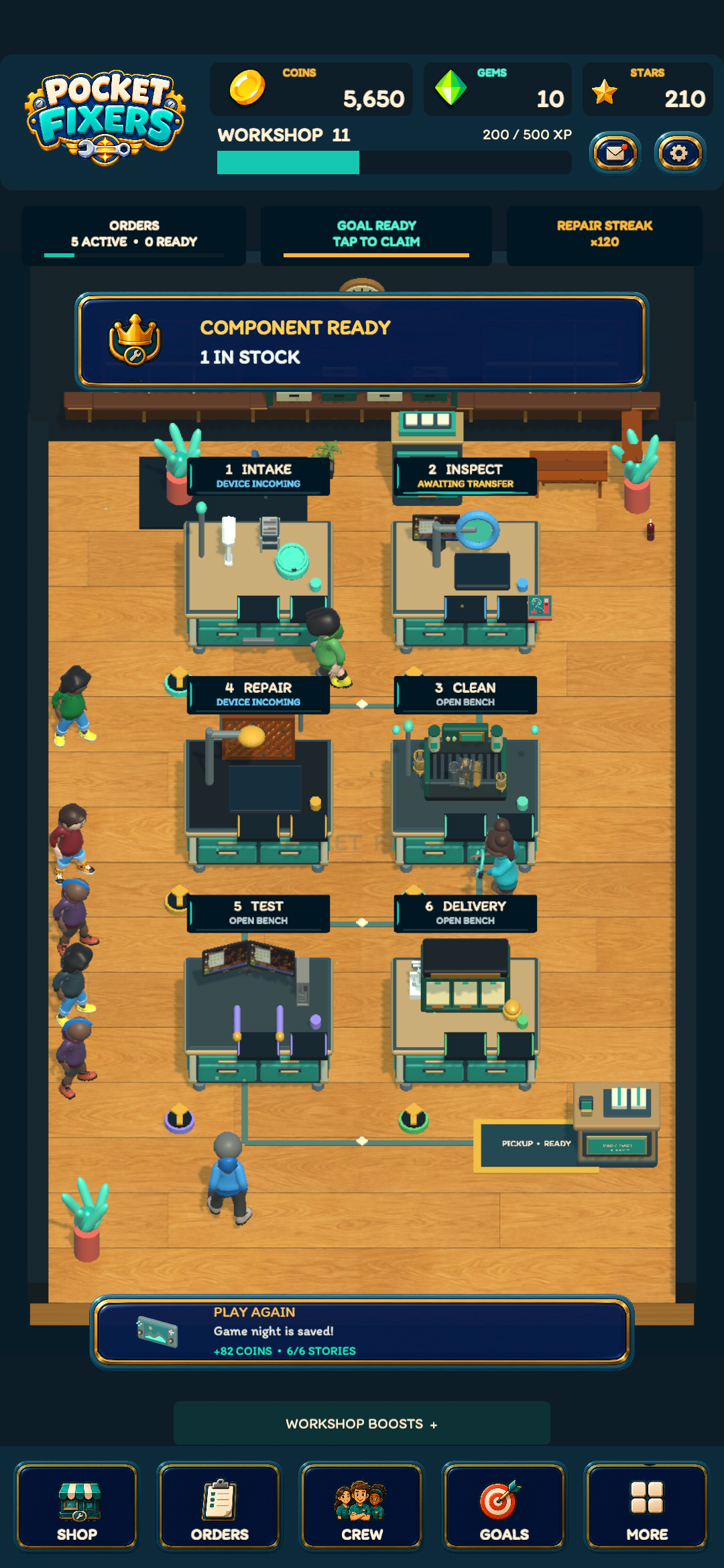 Pocket Fixers development build showing a workshop with intake, inspect, clean, repair, test and delivery stations