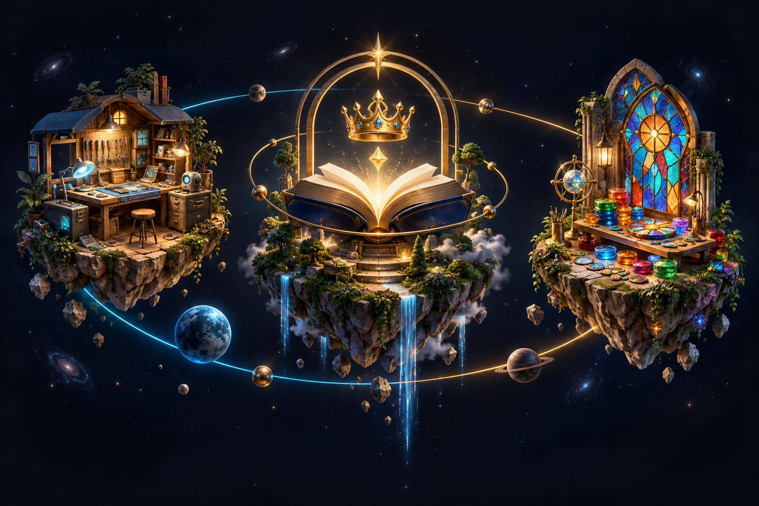 Three imaginary worlds connected by cyan and gold orbits: a repair workshop, an illuminated book and a stained-glass studio